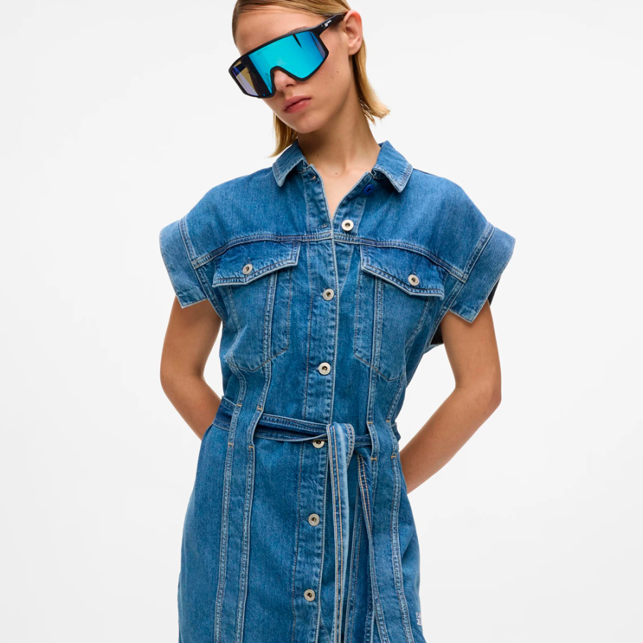 short-sleeved-denim-dress-with-belt