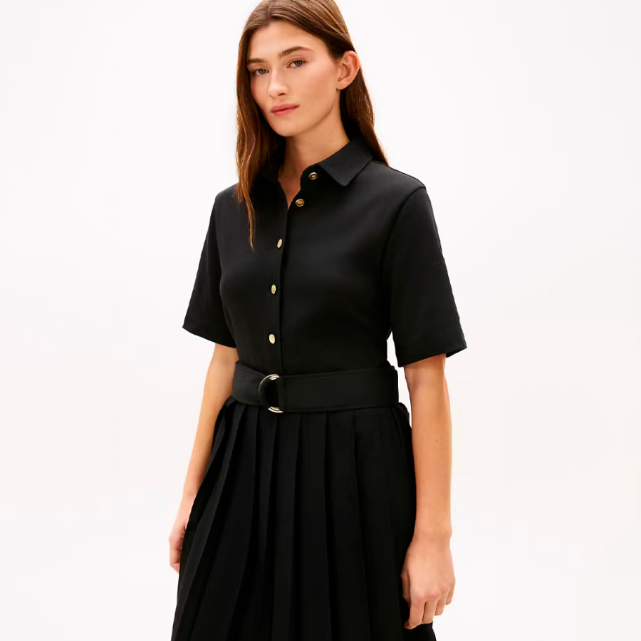 vestido-com-botoes-dourados-em-mistura-de-materiais